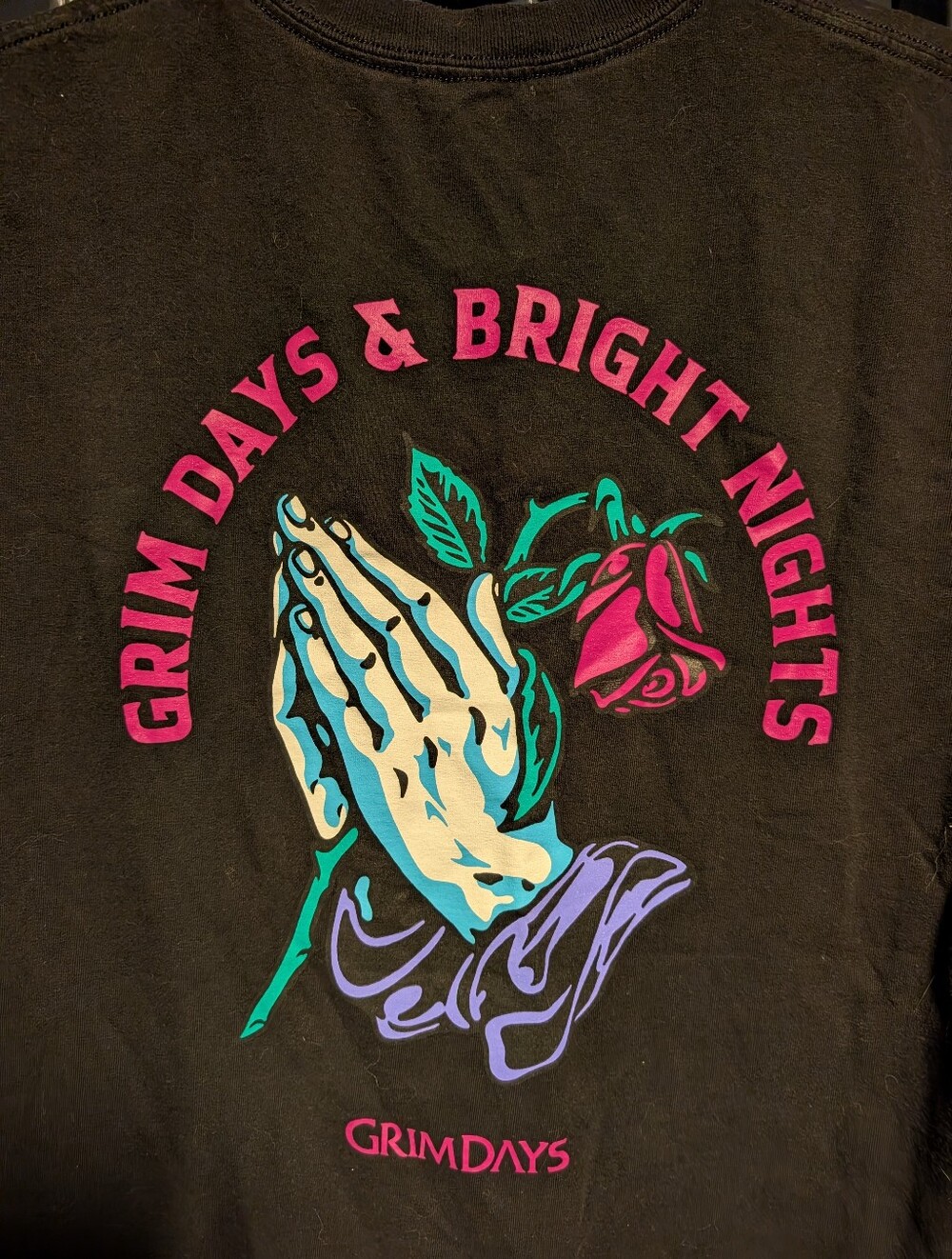 Grim Days Black Graphic Tee — Praying Hands & Rose